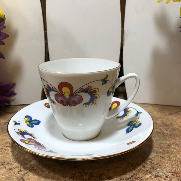 Porsgrund Norway Farmers Rose Demitasse Cup & Saucer (Rim, Gold Trim) Set - Picture 2 of 13